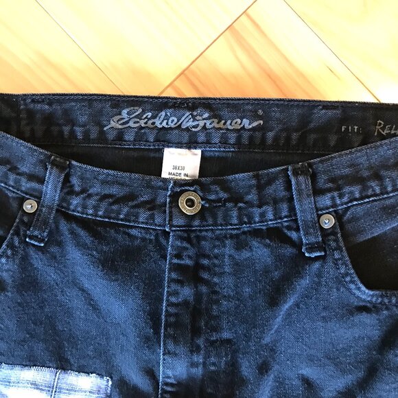 Men’s Hippie Patchwork Jeans, 36x30: Grunge Black Jeans with Gray Black Patches - Picture 4 of 10